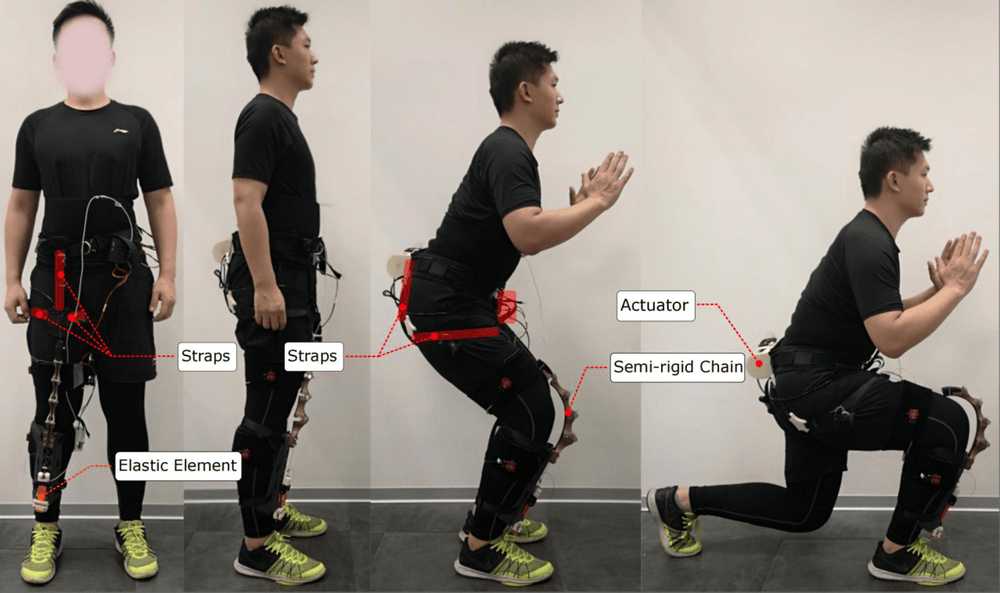 The Exo-Muscle device worn at different knee angles, with its main components labelled.